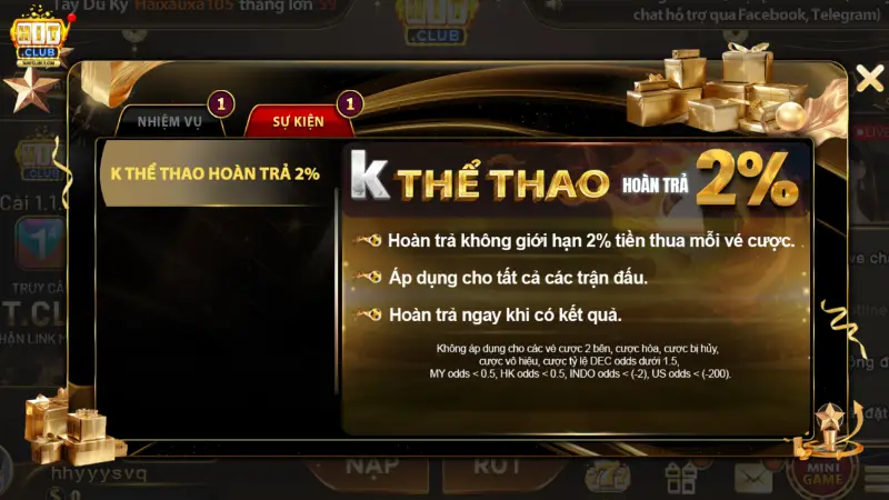 Hoàn tiền thua cược từ 1% đến 20%